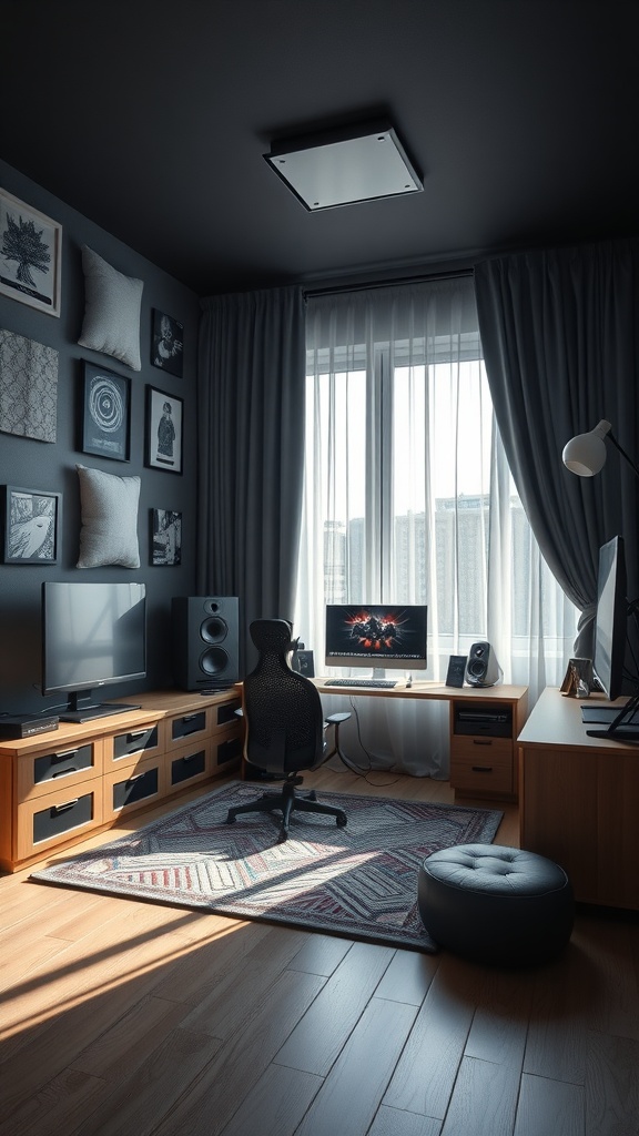 A gaming bedroom with soundproofing features including thick curtains, a plush rug, and sound-absorbing artwork.