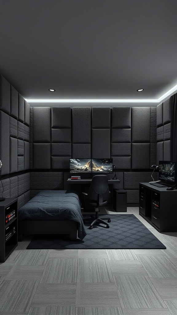 A stylish gamer bedroom with soundproofed walls, featuring a bed, dual monitors, and a gaming chair.