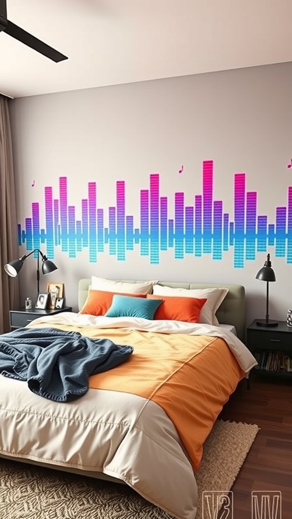 A bedroom featuring colorful soundwave wall decals above a neatly made bed with orange and teal bedding.