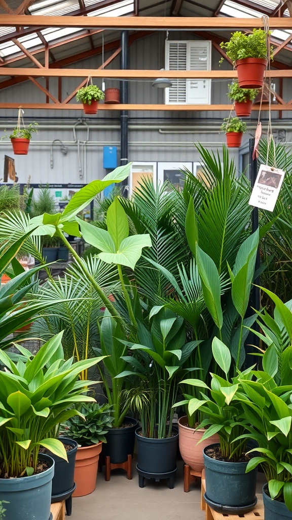 A vibrant greenhouse filled with tall house plants in various pots