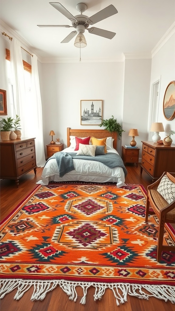 A cozy bedroom featuring a vibrant Southwestern patterned rug with geometric designs in orange and earthy tones.