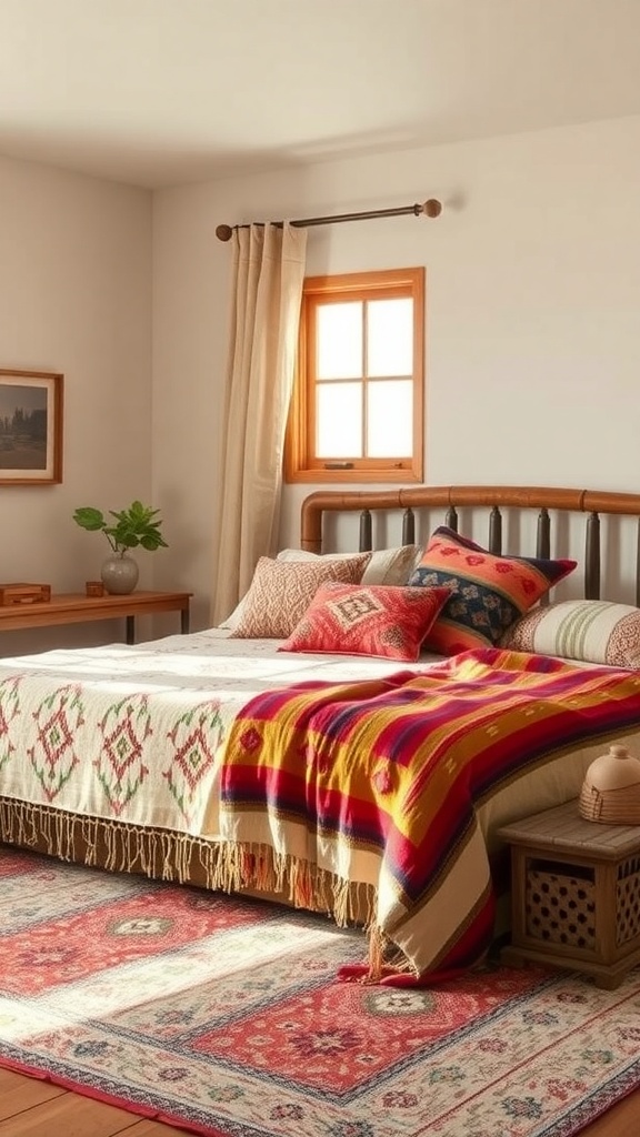 A southwestern styled bedroom featuring colorful blankets and pillows on a bed, with a patterned rug and wooden furniture.