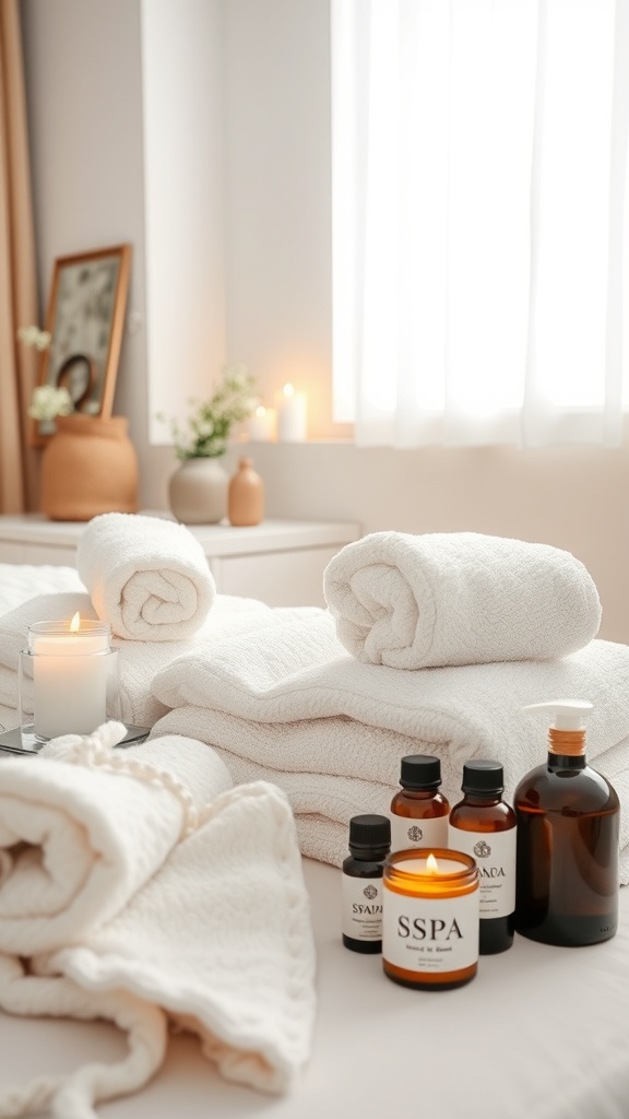 A spa-inspired bathroom setup featuring rolled towels, candles, and essential oils.