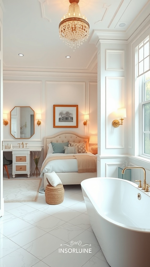 A luxurious bathroom featuring a freestanding bathtub, elegant decor, and natural light.