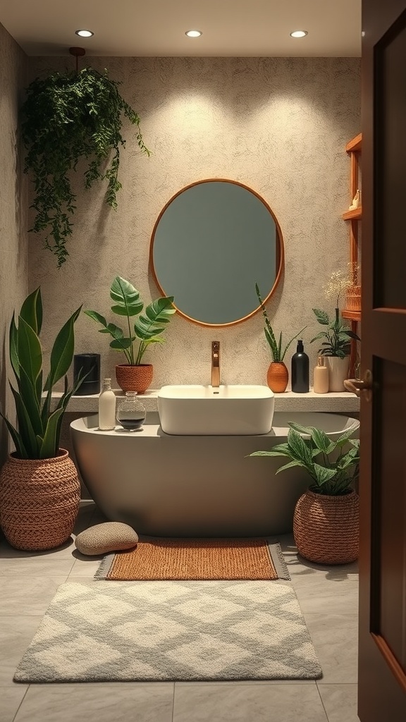 A beautifully arranged bathroom featuring a modern bathtub, plants, and soft textiles.