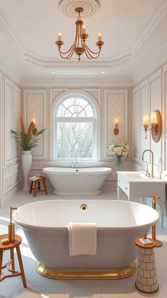 Luxurious spa-inspired en-suite bathroom featuring a freestanding bathtub, elegant chandelier, and natural light.