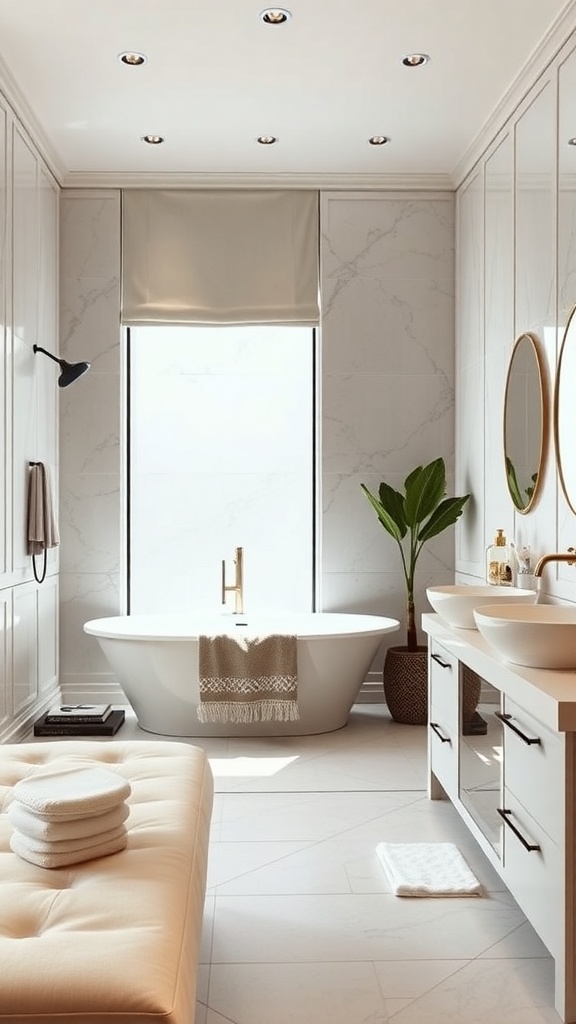 A modern spa-inspired en-suite bathroom featuring a freestanding bathtub, double sinks, and natural light.