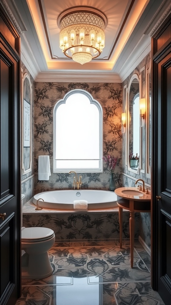 Luxurious spa-inspired en-suite bathroom with elegant tub, chandelier, and ornate wall design.
