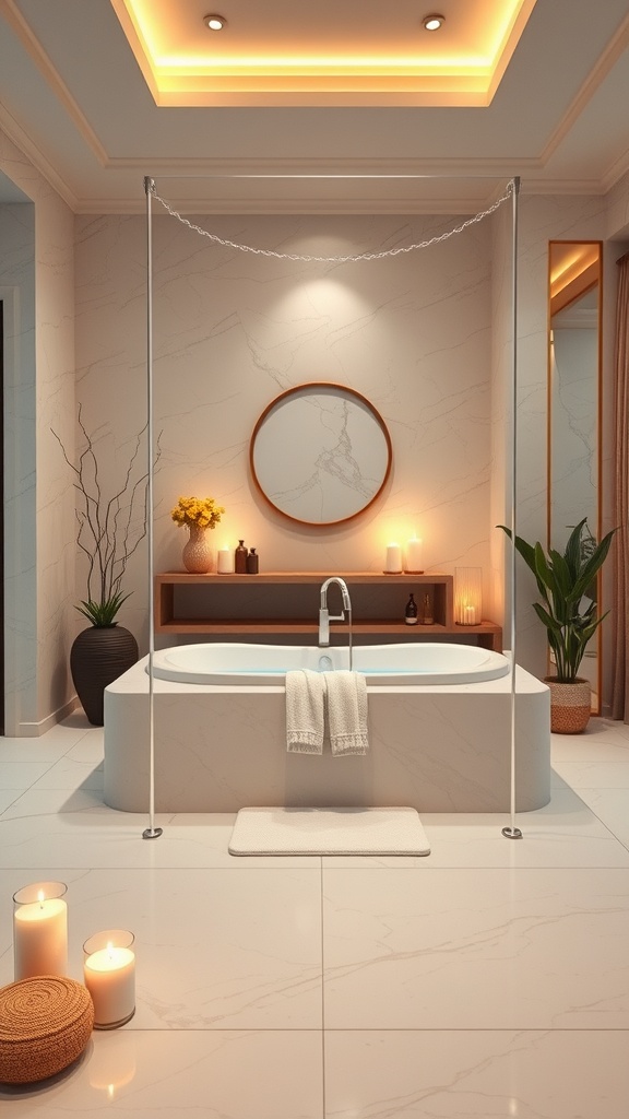 A modern bathroom featuring a luxurious bathtub, warm lighting, candles, and plants, creating a spa-like atmosphere.
