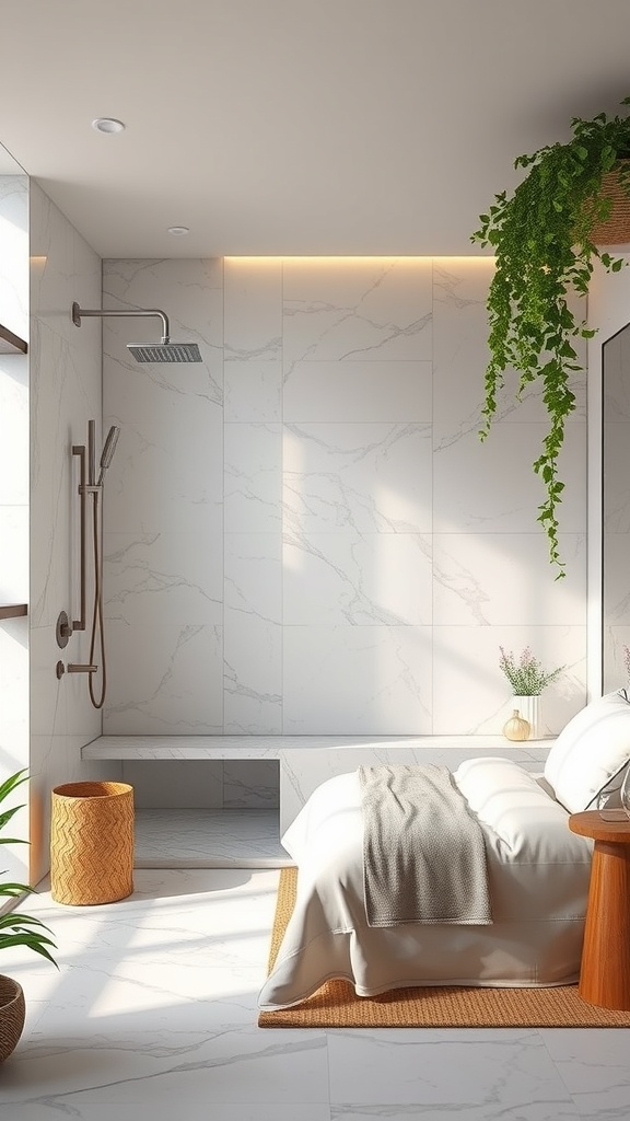 A modern wet room with marble walls, a shower, a cozy bed, and plants for a spa-like atmosphere.