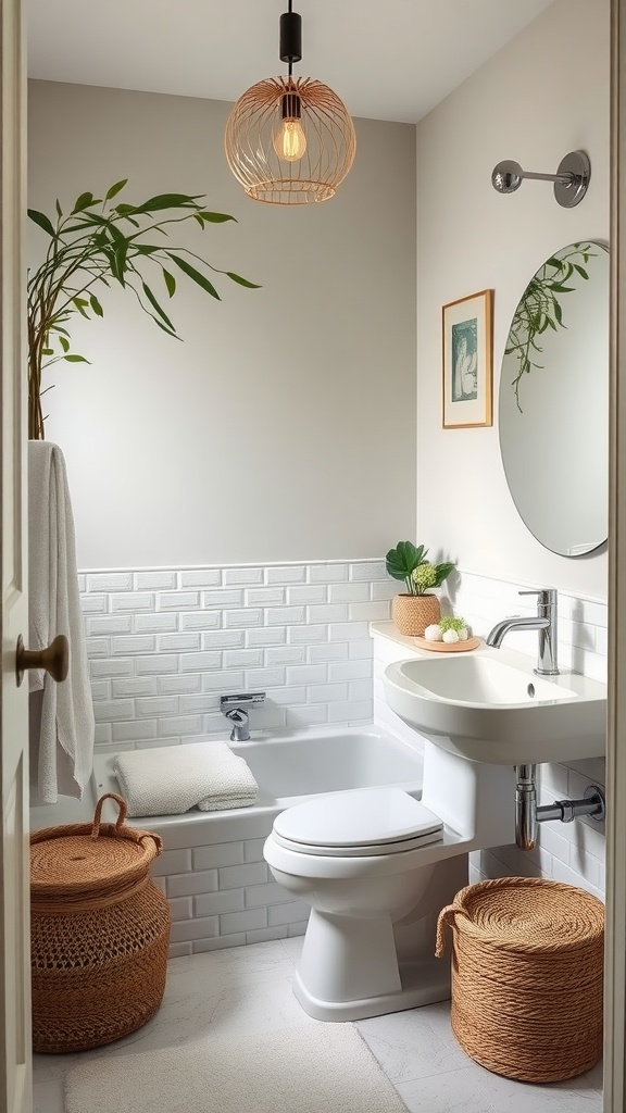 A small bathroom featuring neutral tones, a pendant light, a potted plant, and woven baskets for storage.