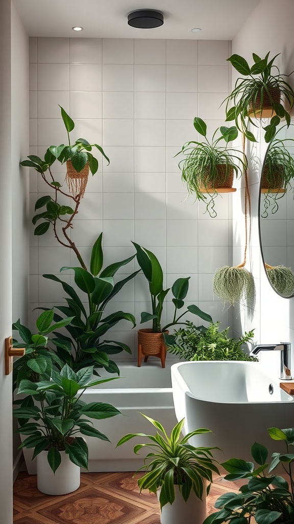A modern bathroom with plants creating a spa-like atmosphere.
