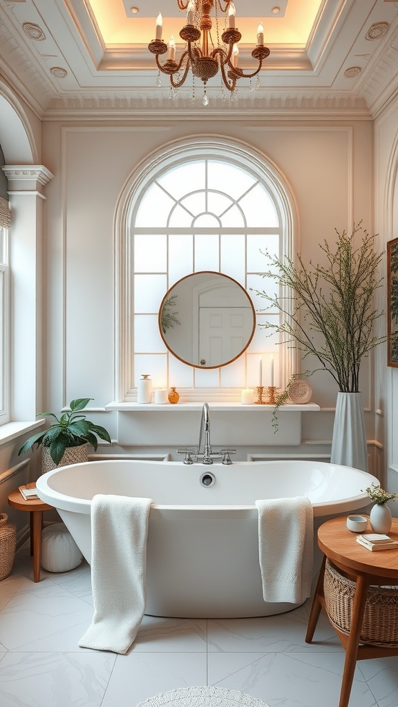 A luxurious spa-like bathroom with a freestanding tub, chandelier, and natural light.
