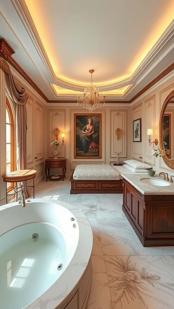 Spa-like bathroom with a tub and elegant decor adjacent to a bedroom