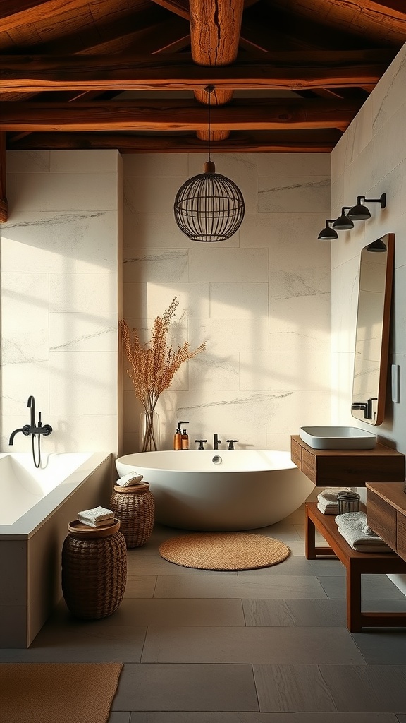 A modern rustic bathroom featuring a freestanding tub, natural wood accents, and soft lighting.