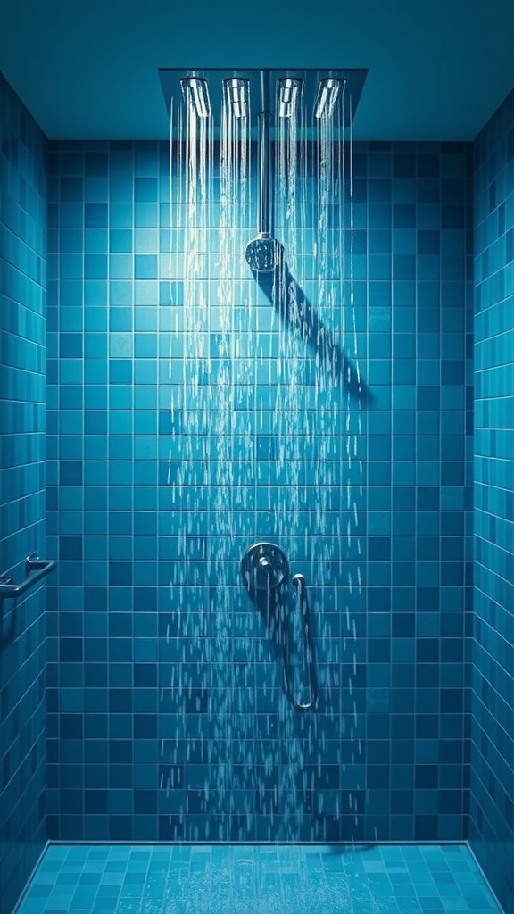 A luxurious rainfall shower with blue tiles and multiple showerheads