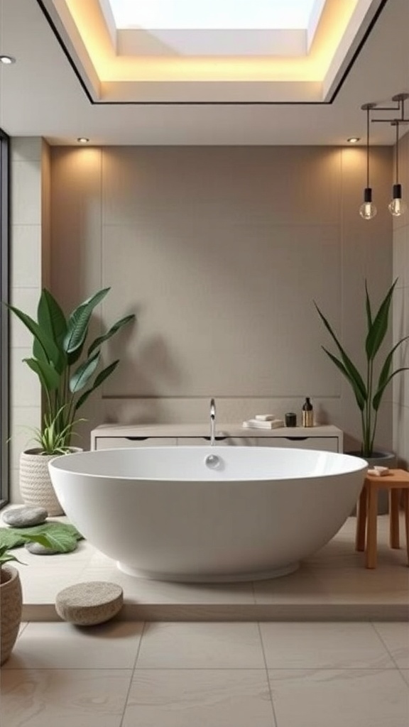 A modern freestanding bathtub surrounded by plants and natural elements in a serene bathroom setting.