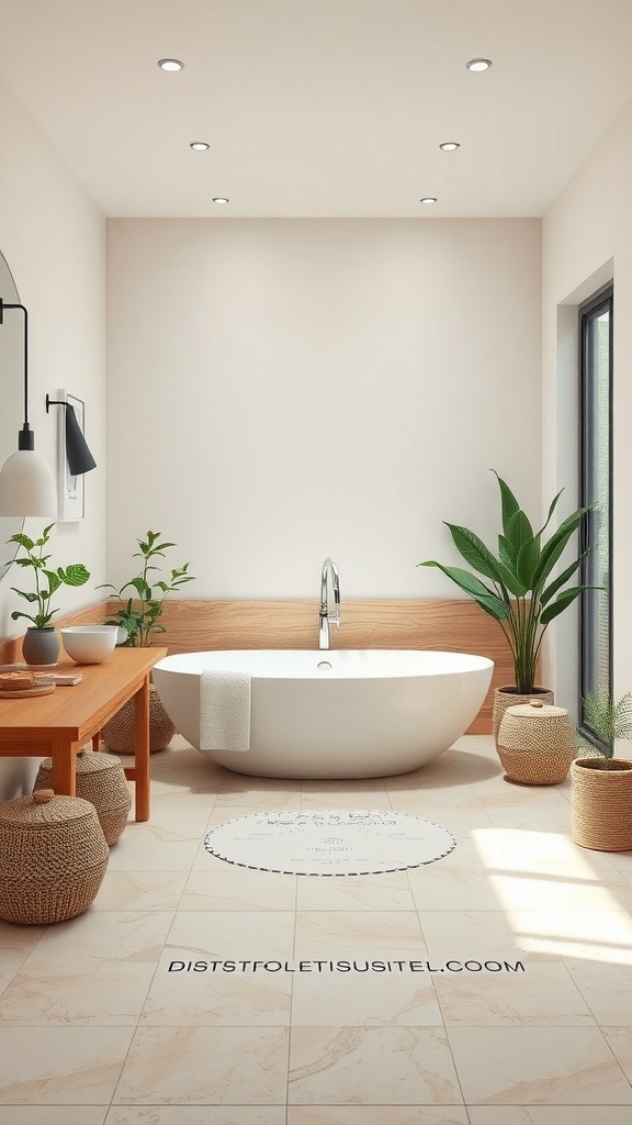A modern bathroom featuring a freestanding bathtub, wooden accents, and indoor plants.