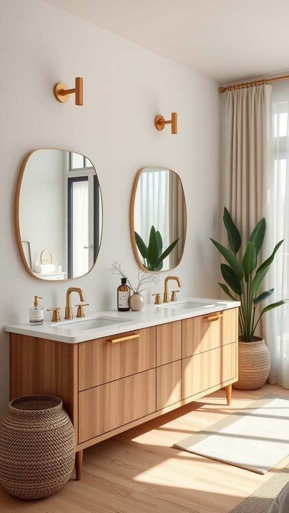 A serene double vanity bathroom with wooden cabinetry, golden fixtures, round mirrors, and plants.