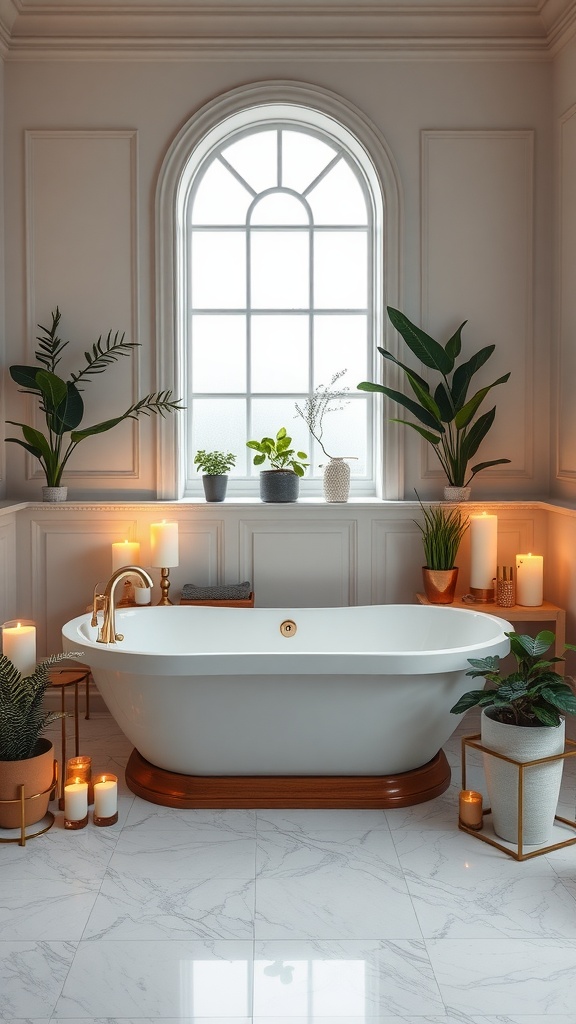 Luxurious soaking tub surrounded by plants and candles in a bright bathroom