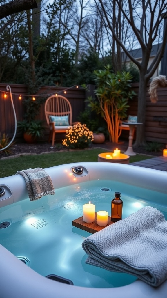Inflatable hot tub in a backyard setting with candles and cozy seating