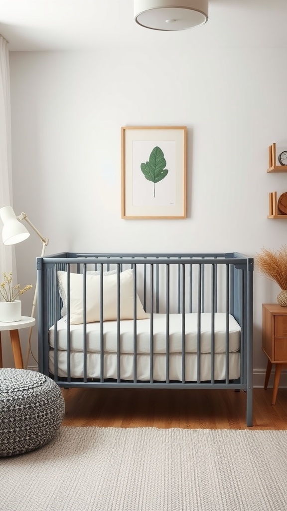 A modern folding crib in a stylish bedroom with a plant artwork on the wall.