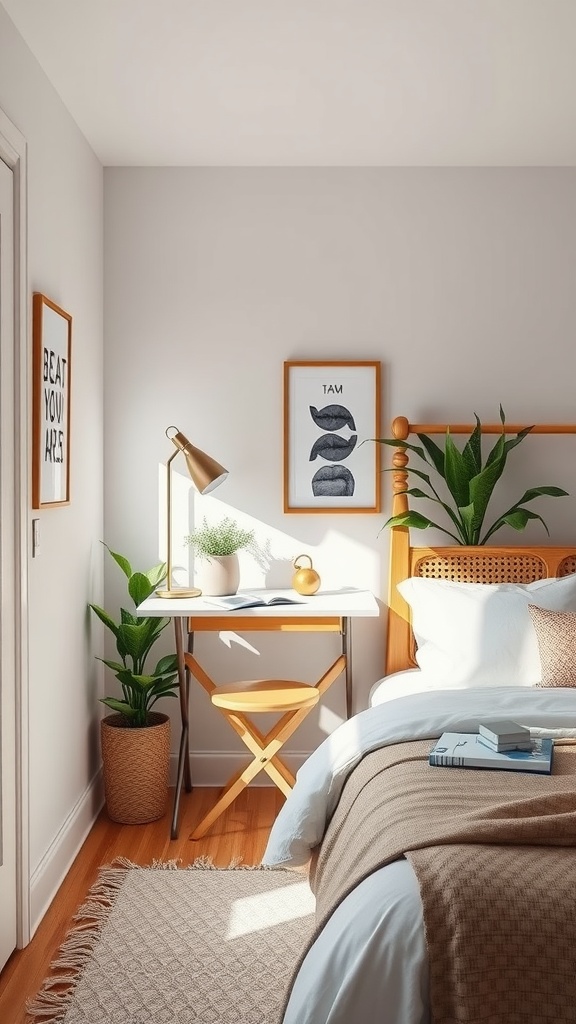 A small bedroom featuring a foldable desk and plants, showcasing a cozy workspace.