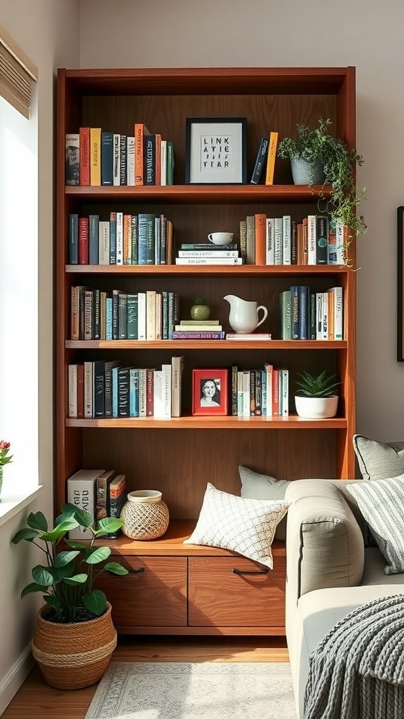 A stylish space-saving bookshelf filled with books, plants, and decorative items, fitting snugly in a corner of a cozy living area.