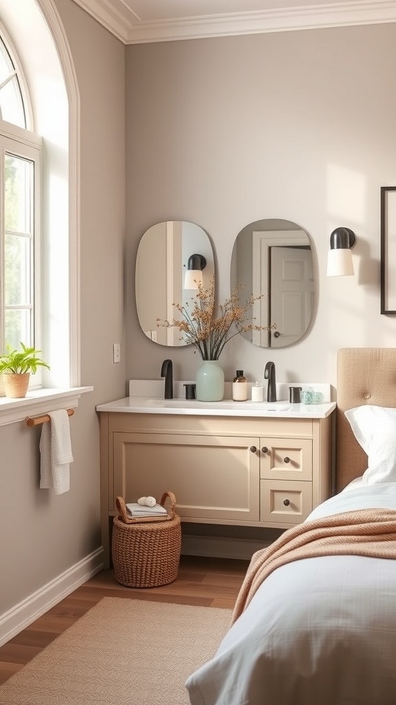 A stylish corner bathroom design featuring a double vanity with mirrors, natural light, and organized storage.