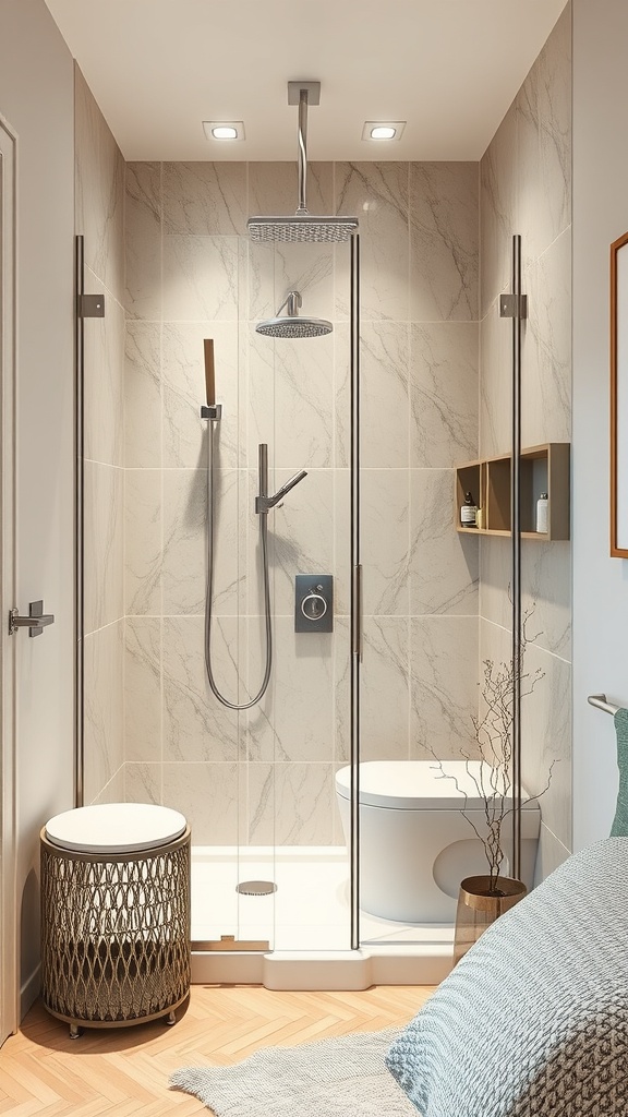 A modern corner shower with glass panels and dual showerheads in a stylish bathroom.