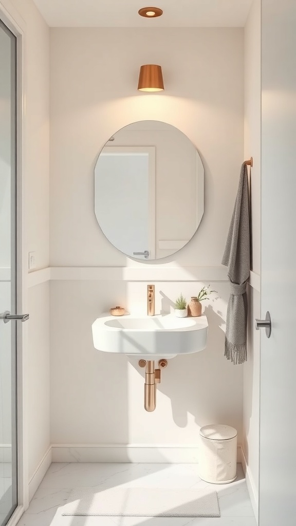 A modern corner sink in a small bathroom with a round mirror and copper fixtures.