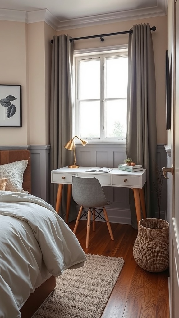 A cozy bedroom featuring a desk and vanity combo near a window, with soft colors and minimalistic design.
