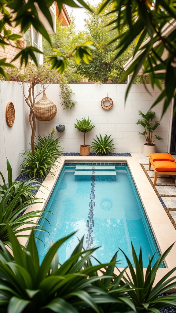 A small backyard pool surrounded by plants and outdoor seating