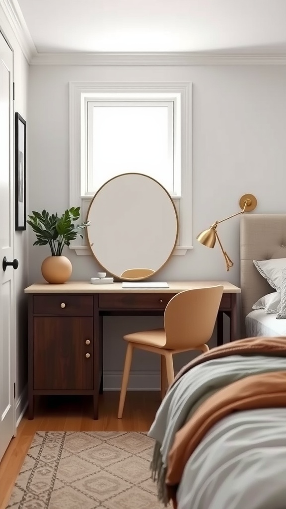 A stylish bedroom featuring a desk and vanity combo with a round mirror, a lamp, and a potted plant.