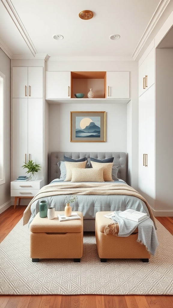 Cozy small bedroom with space-saving furniture, including a bed with storage, stylish nightstands, and ottomans that double as storage.
