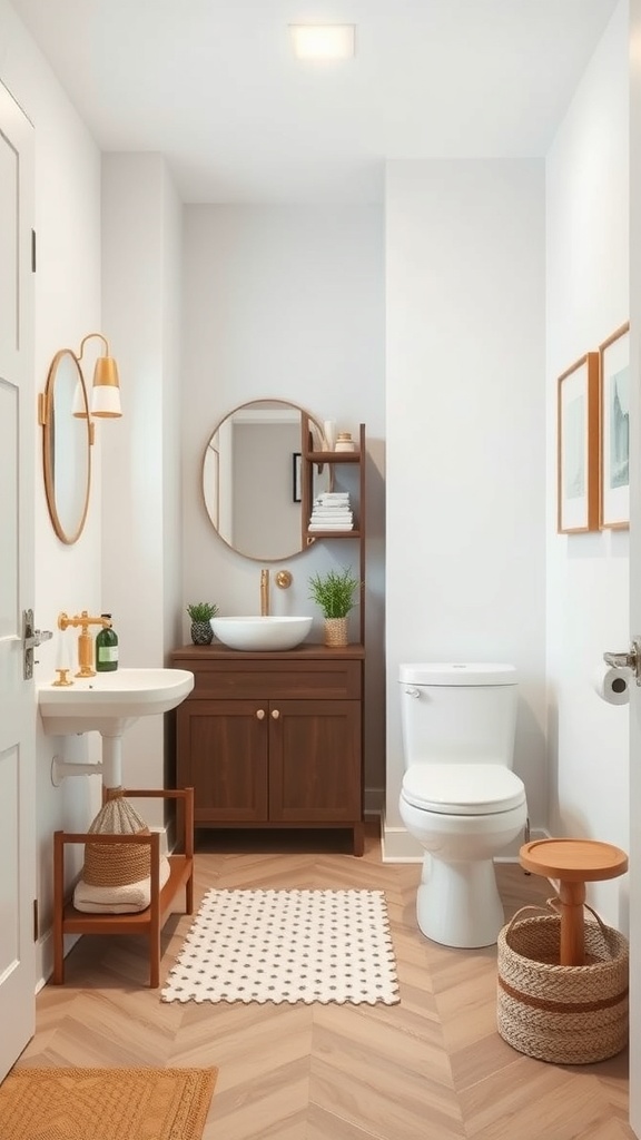A stylish powder bathroom featuring space-saving furniture solutions, including a floating vanity, round mirror, and decorative storage baskets.