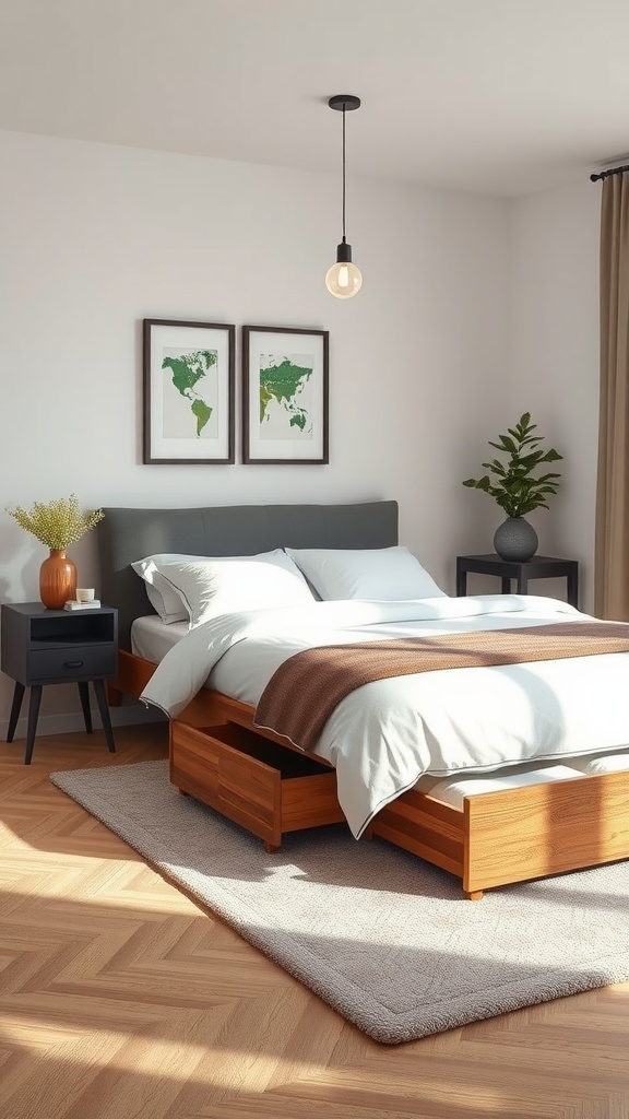 A cozy bedroom featuring a bed with under bed storage drawers, a nightstand, and decorative plants.