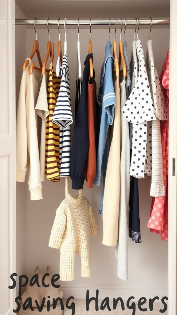 Neatly organized kids' clothes hanging on space-saving hangers