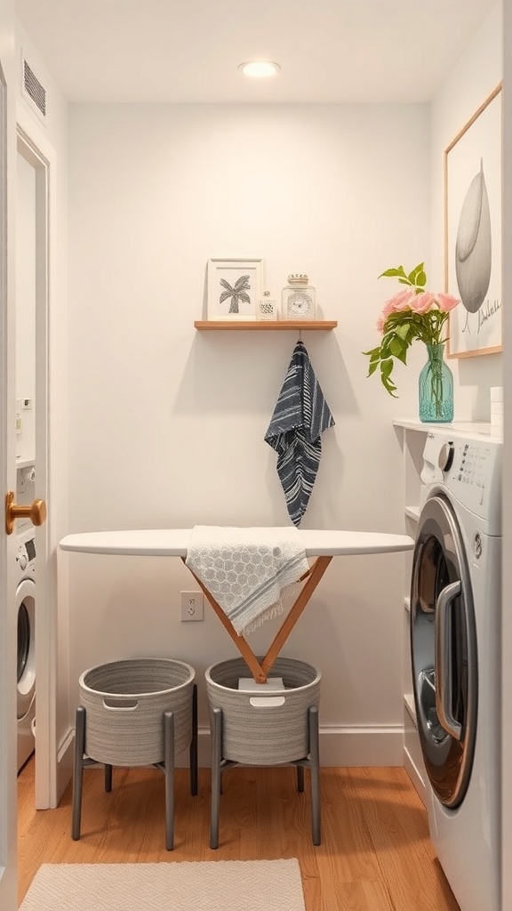A small laundry room featuring a space-saving ironing board, decorative shelf, and stylish storage baskets.