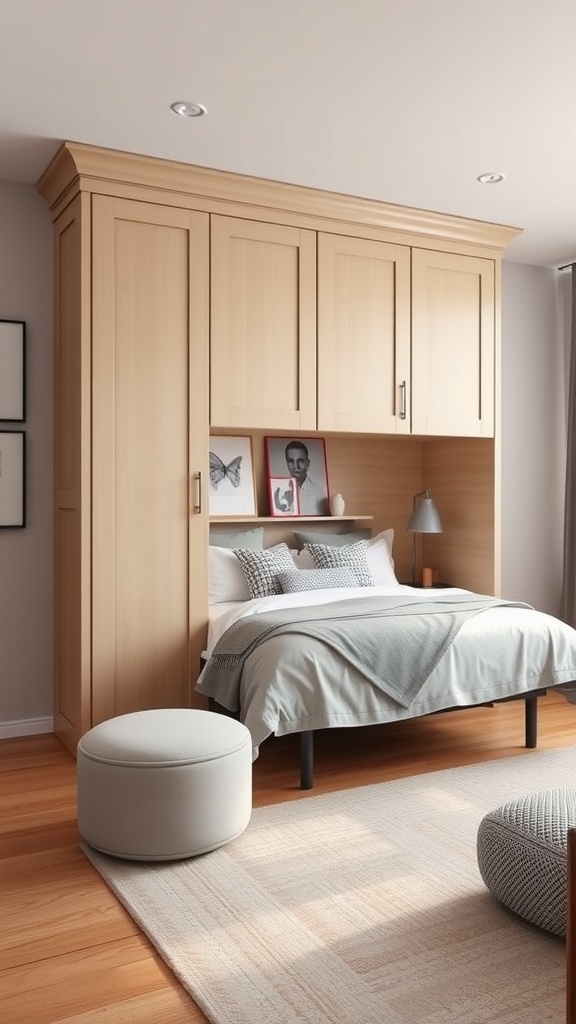 A stylish bedroom featuring a wooden Murphy bed that folds into the wall, creating a spacious and organized look.