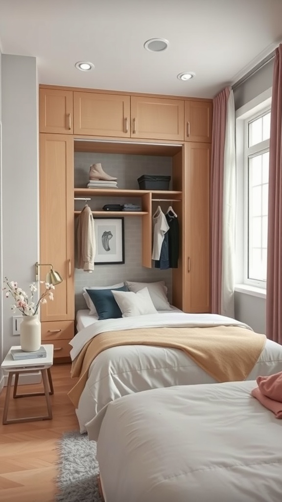 Cozy bedroom featuring an open wardrobe with clothes, shoes, and decorative elements.