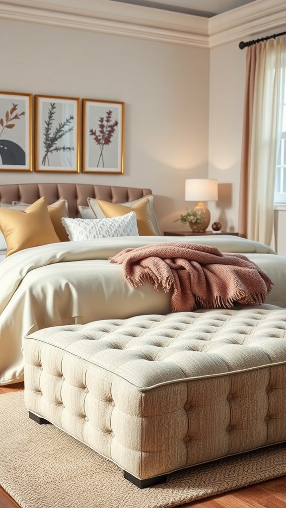 A tufted storage ottoman in a cozy bedroom, serving as both decor and storage.