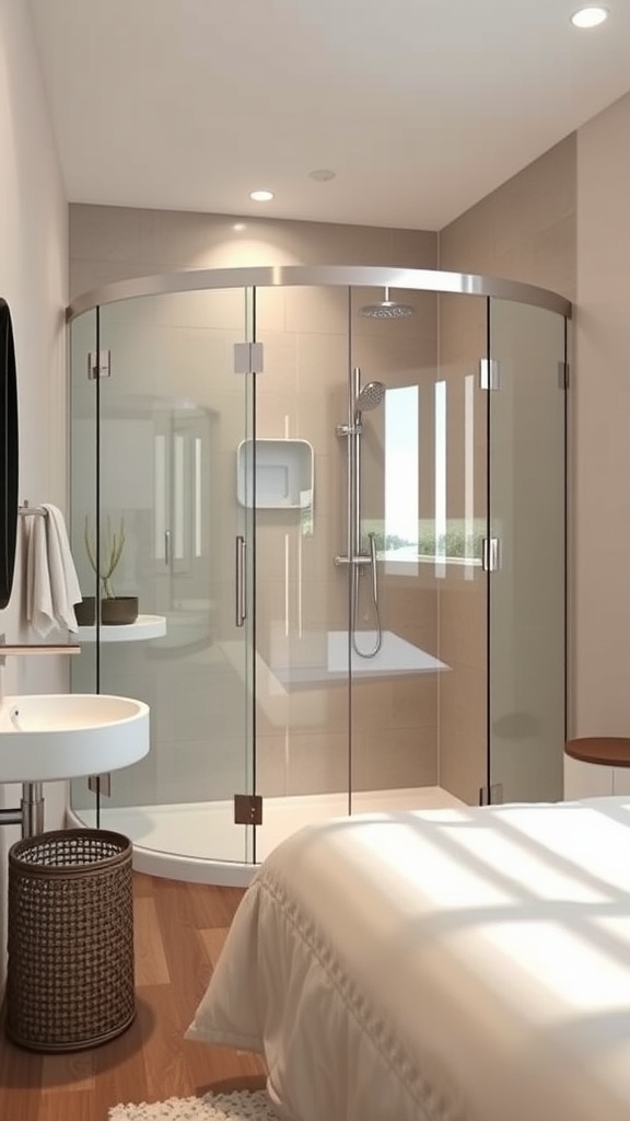 A modern curved glass shower in a small bathroom, featuring a built-in shelf and wooden flooring.