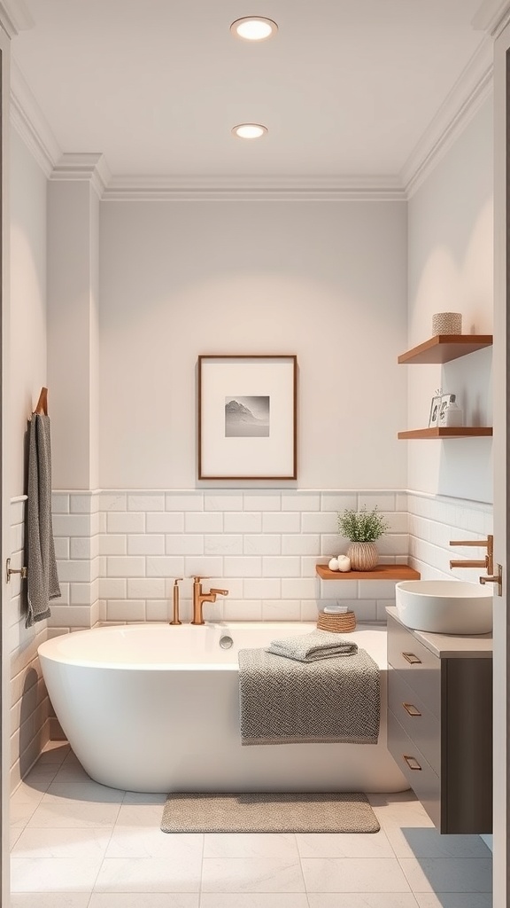 A modern basement bathroom featuring a freestanding tub, floating shelves, and a compact vanity.