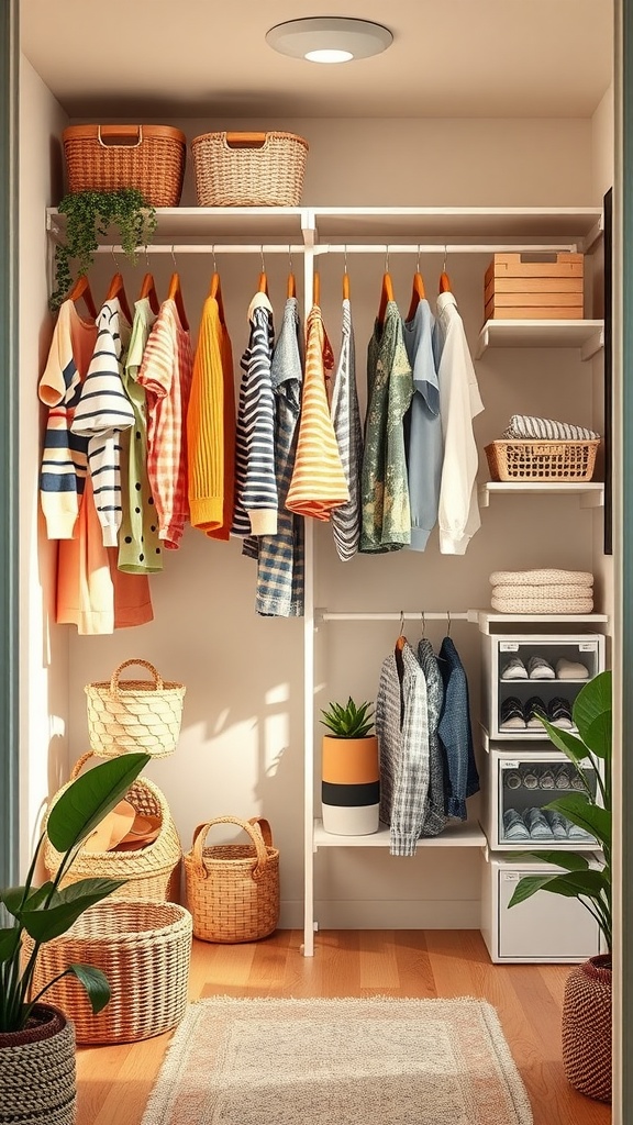 A well-organized kids closet with colorful clothes, baskets, and plants