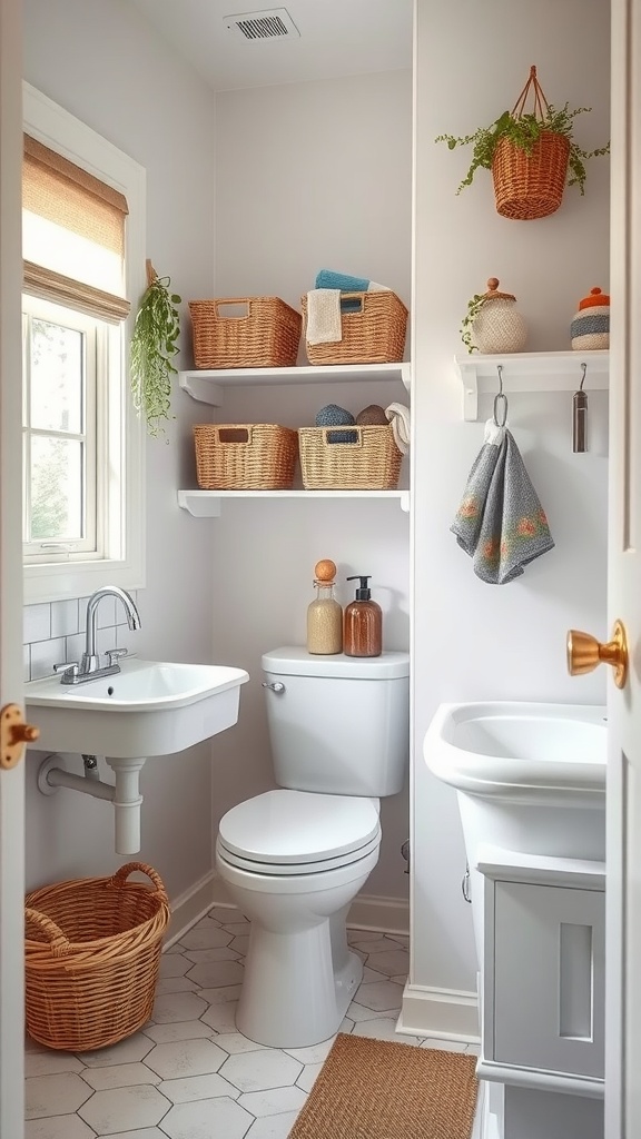 A stylish kids' bathroom with space-saving storage solutions including wicker baskets on shelves, hanging plants, and towel hooks.
