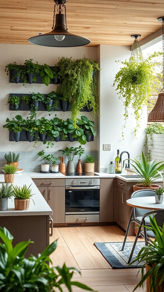 An outdoor kitchen featuring a vertical garden with various plants and herbs.