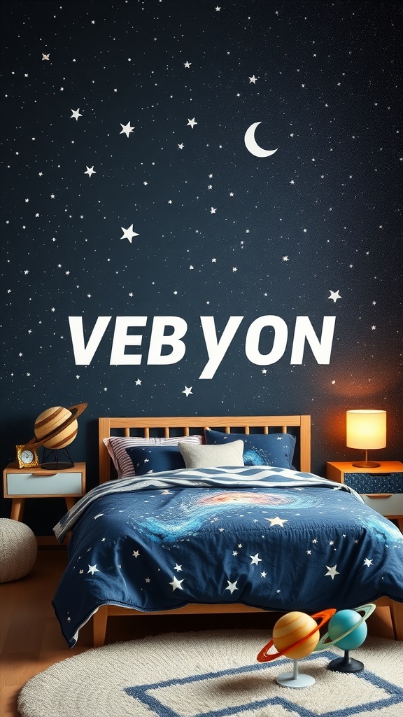 A teen girl's bedroom themed with space decor, featuring starry walls, galaxy bedding, and planet models.