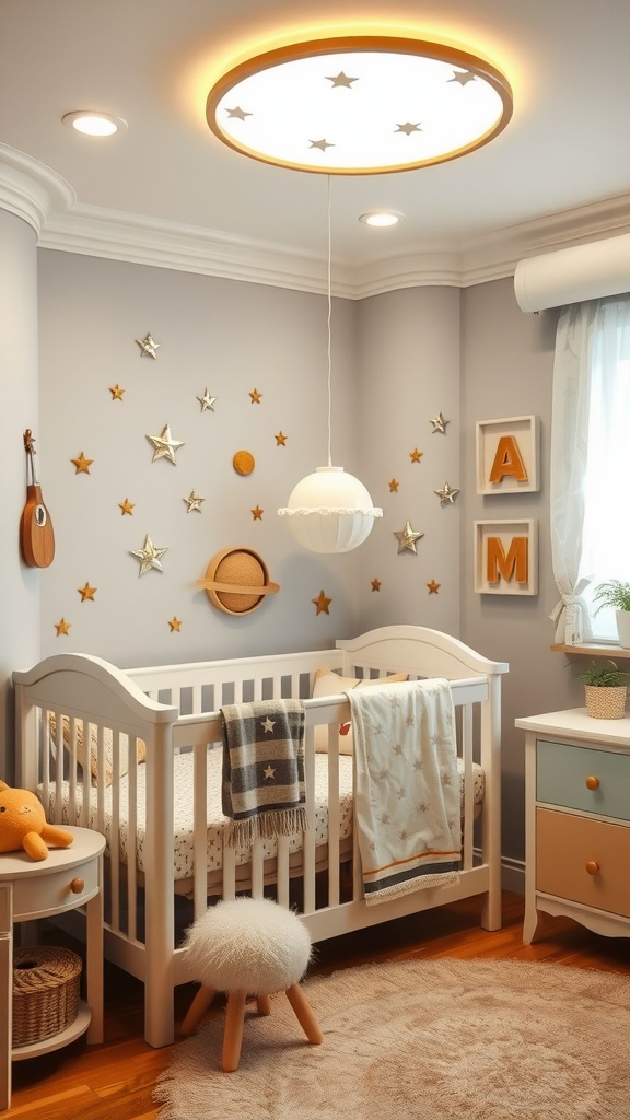 A cozy baby boy's room with celestial decorations, featuring a crib, star-themed light fixture, and plush furnishings.