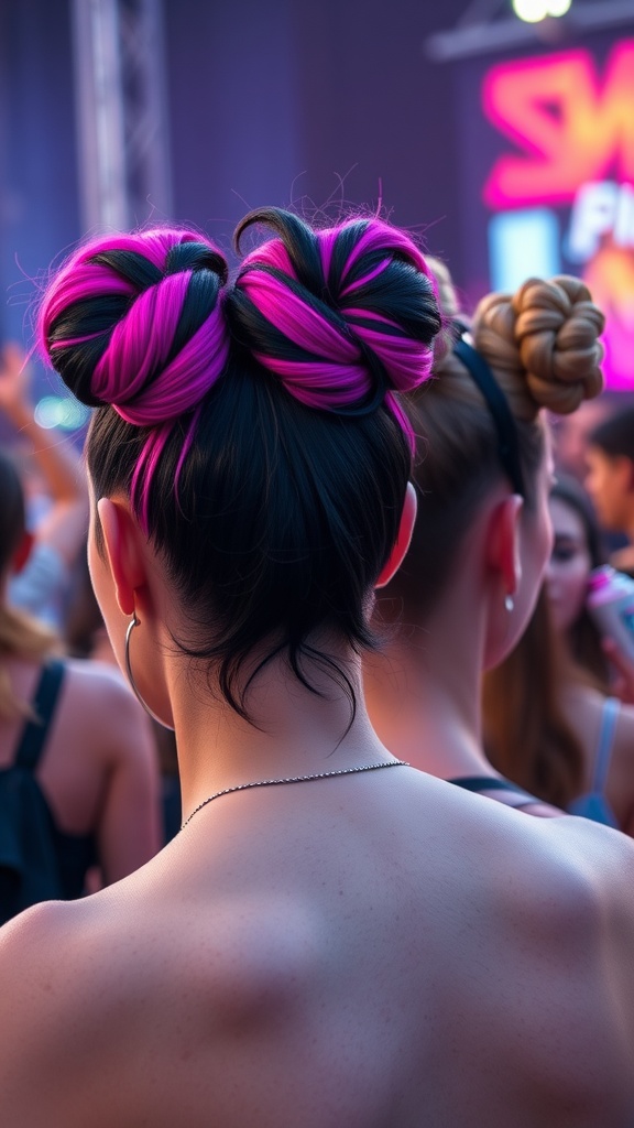 A view from behind of a person with space buns hairstyle, featuring black and pink hair, at a vibrant festival.
